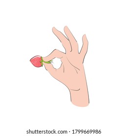 Strawberry in the fingers of the hand. Vector isolated illustration with strokes.