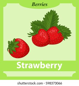 Strawberry flashcard in simple cartoon style. Learning berries with flashcards for kids. Vector illustration. Education Collection.