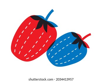 Strawberry flat abstract vector. Red blue element fruit. Tropical fruits illustration. EPS 10. Summer fruit icons. Fruit red blue colors.  Can be use for restaurants menu, cover, packaging.
