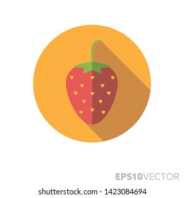 Strawberry flat design round icon. Color symbol of fresh fruit and healthy eating. Long shadow vector illustration in a circle isolated on white background.