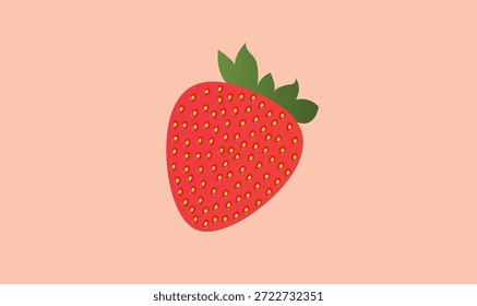 Ilustración vectorial plana de fresa con semillas amarillas y hojas verdes sobre un fondo rosado suave.