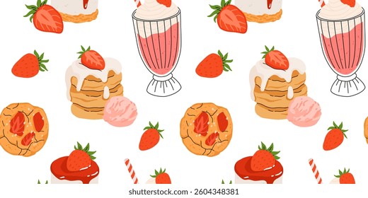 Strawberry flat vector seamless pattern. Summer drinks, sweets and desserts with taste of strawberries. Chocolate strawberry, cookie, sandwich, mochi, cheesecake, tanghulu.