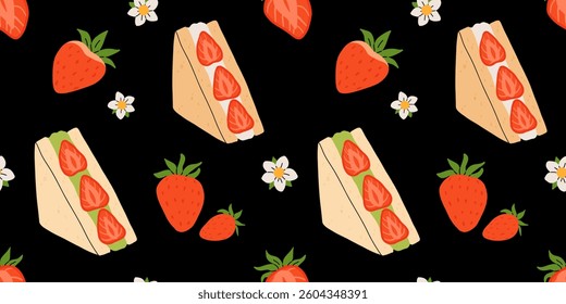 Strawberry flat vector seamless pattern. Summer drinks, sweets and desserts with taste of strawberries. Chocolate strawberry, cookie, sandwich, mochi, cheesecake, tanghulu.