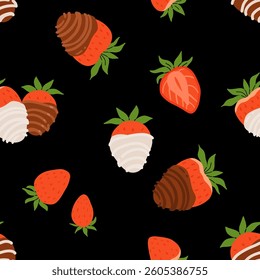 Strawberry flat vector seamless pattern. Summer drinks, sweets and desserts with taste of strawberries. Chocolate strawberry, cookie, sandwich, mochi, cheesecake, tanghulu.