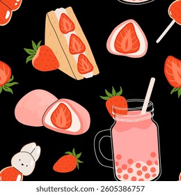 Strawberry flat vector seamless pattern. Summer drinks, sweets and desserts with taste of strawberries. Chocolate strawberry, cookie, sandwich, mochi, cheesecake, tanghulu.