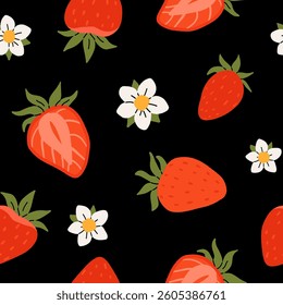 Strawberry flat vector seamless pattern. Summer drinks, sweets and desserts with taste of strawberries. Chocolate strawberry, cookie, sandwich, mochi, cheesecake, tanghulu.