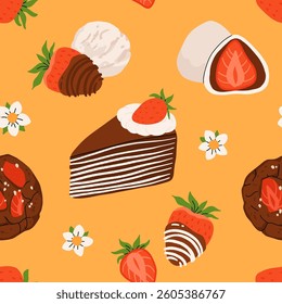 Strawberry flat vector seamless pattern. Summer drinks, sweets and desserts with taste of strawberries. Chocolate strawberry, cookie, sandwich, mochi, cheesecake, tanghulu.