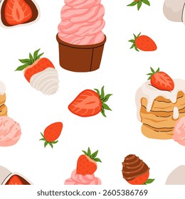Strawberry flat vector seamless pattern. Summer drinks, sweets and desserts with taste of strawberries. Chocolate strawberry, cookie, sandwich, mochi, cheesecake, tanghulu.