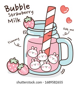 Leche de fresa de burbujas extraída a mano. Fondo de bebidas con sabor a fresa. Diseño de caricaturas de perlas de conejo. Yummy y cómeme escribiendo. Al estilo kawaii. Doodle de té de burbuja conejita. Vector.  Ilustración.