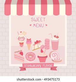 Strawberry flavor of dessert menu cafe shop showcase decoration with awning and brick wall in pink and  pastel background colors.Illustration vector.