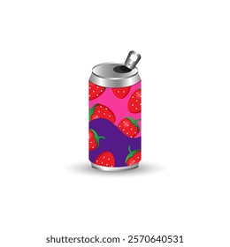 Strawberry flavor drink in 33cl can. 3D illustration colorful drink box shape isolated on white background.