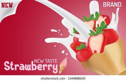 strawberry flavor ice cream ad, isolated red background, 3d illustration