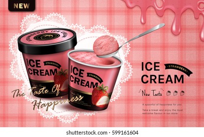 strawberry flavor ice cream ad, isolated pink tartan background, 3d illustration