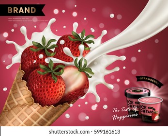 strawberry flavor ice cream ad, isolated red background, 3d illustration