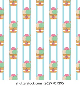 Strawberry flavor ice cream seamless pattern blue stripped background. Perfect for Prints, Wrapping Paper, Wallpaper, Textiles, Stationery, and Fabric