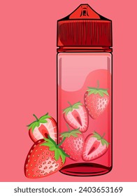 Strawberry flavor liquid bottles vaping. Vape liquid droppers isolated vector illustration