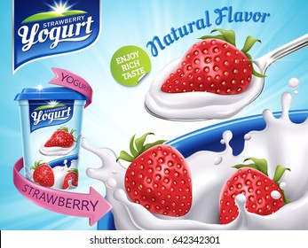 strawberry flavor yogurt ad, with milk splashing and strawberry elements, 3d illustration