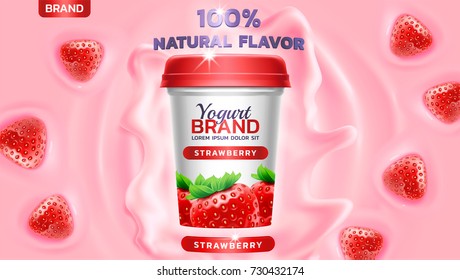 Strawberry flavor yogurt ad, with yogurt splashing and waves and floating strawberry elements, 3d illustration