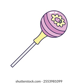 Strawberry flavored caramel lollipop on white background. Retro illustration with outline in 90s style. Isolated vector illustration.