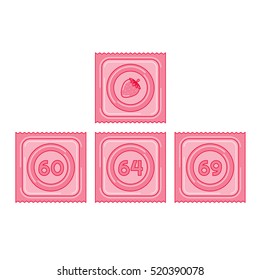 Strawberry flavored condom in package size 60, 64 and 69 illustration red pink color and strawberry icon flat design isolated on white background