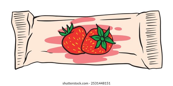 strawberry flavored curd bar, vector linear illustration for packaging design, posters, menus, recipes, healthy snacks