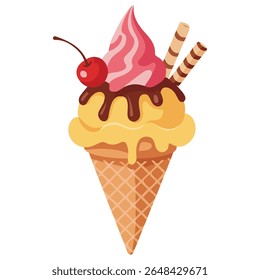 Strawberry flavored ice cream cone with chocolate drizzle isolated vector illustration on white background