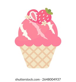 Strawberry flavored ice cream served in a cup-shaped cone white background	