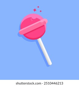 Strawberry flavored lollipop candy designed in cartoon flat style. Vector illustration. Sweet snack concept design. 