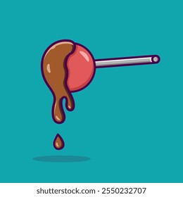 Piruleta con sabor a fresa con cobertura de chocolate derretido diseñada en estilo de dibujos animados planos. Icono de Vector de ilustración Lollipop. 