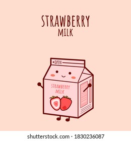 Strawberry flavored milk. Cute style milk carton character. Strawberry flavored drink.