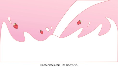 Strawberry flavored milk packaging design illustration, soft design with illustration of milk poured from the top and some strawberries