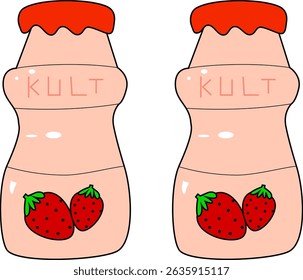Morango Aromatizado Bebida Probiótica Garrafa Vetor Ilustração para Crianças Embalagem de Produtos, Marca de Laticínios, e Divertido Projeto de Desenho Animado