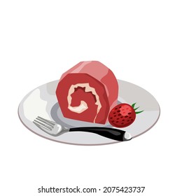 Strawberry flavored roll cake in a plate with a spoon and strawberries on the side.Isolated vector illustration on a white background.