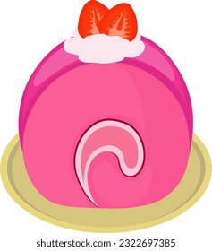 Strawberry flavored roll cake topped with fresh strawberries.