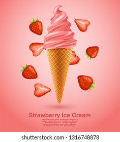 Strawberry : Flavored Soft Ice cream Set : Vector Illustration