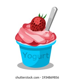 Strawberry flavored yogurt in blue cup.There are strawberries and spoons on top.Vector illustration isolated on white background.