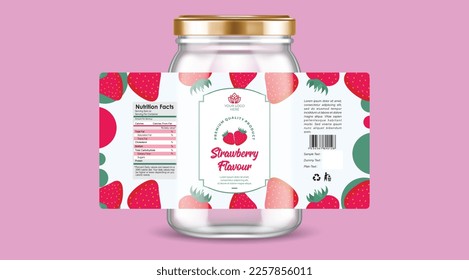 Strawberry flavour label design, strawberry jam packaging, fruit jam label design, strawberry flavor ice cream label, packaging design, strawberry label with glass jar and golden cap illustration