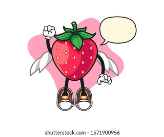 Strawberry flies with speech bubble cartoon. Mascot Character vector.