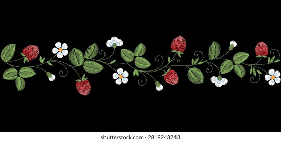 Strawberry floral embroidery border pattern. Folk needlework style. Clothing towel bag cover print design. Black background hand-stitched vector art.
