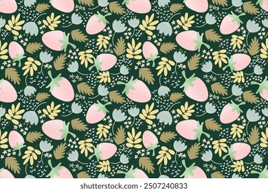 Strawberry with floral and leaves seamless pattern