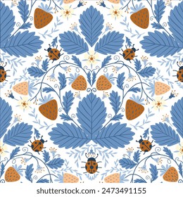 Strawberry floral scandinavian seamless pattern. Folk style. Vector illustration. Background based on traditional embroidery. Retro cozy wallpaper.