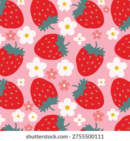 Strawberry Floral Seamless Pattern, Cute Fruit And Flower Digital Paper for Crafts And Design.