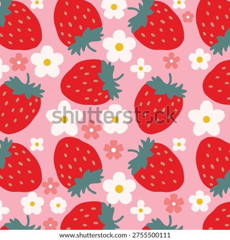 Strawberry Floral Seamless Pattern, Cute Fruit And Flower Digital Paper for Crafts And Design.