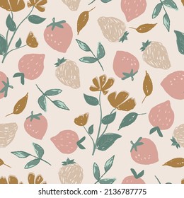 Patrón de fresa floral sin soldadura, fondo digital de repetición para tela, textil, papel de rayado, papel de papelería, diseño de superficie. Ilustración vectorial dibujada por mano
