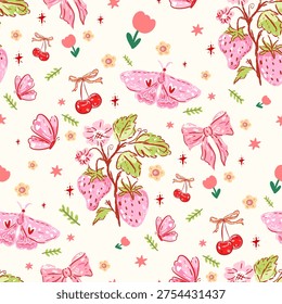 Strawberry Floral Seamless Pattern with Fresh Strawberries, Blossoms and Leaves, Cute Summer Fruit Botanical Background, Hand Drawn Strawberry Flower Illustration for Fabric, Textile Print, Wallpaper, Wrapping Paper
