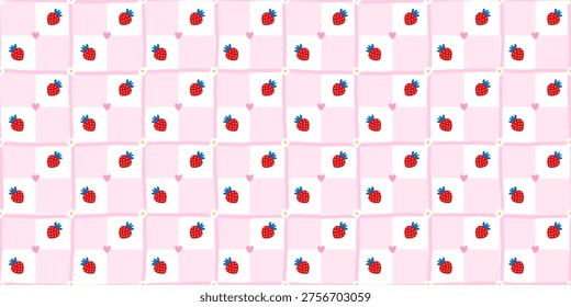 Strawberry floral spring with patchwork seamless flower and cute pattern berry. Kawaii blue cottagecore with stationery quilt print and check plaid bow. Checkered stripe strawberry.