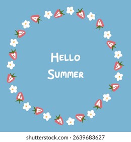 Strawberry Floral Wreath Illustration. Flat cartoon wreath made of sliced strawberries and white flowers on green background. Decorative circular frame with botanical summer elements.