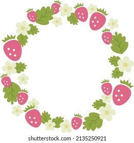Strawberry and flower illustration circular frame.