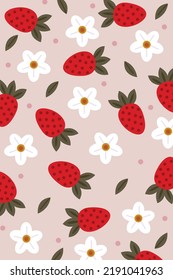 Strawberry and flower leaf Pattern, Red seamless strawberry, Strawberry pink Background, Strawberry Wallpaper Love Cards Vector Stock Vector Illustration.