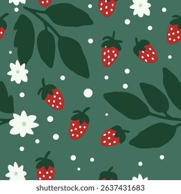 Strawberry and flower pattern on dark green background seamless pattern for fabric, textiles, clothing, wallpaper, cover, banner, home decor, florals backgrounds